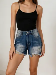 Women Denim Shorts High Waist Ripped Distressed Washed Raw Hem Frayed Cotton Jean Shorts Casual