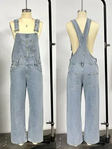 Front and back view of light blue denim overalls with wide legs and pocket details