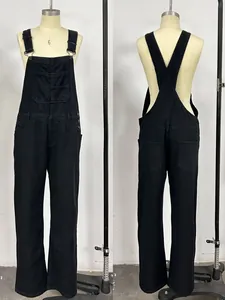 Front and back view of black denim overalls with metal buckles and utility pockets