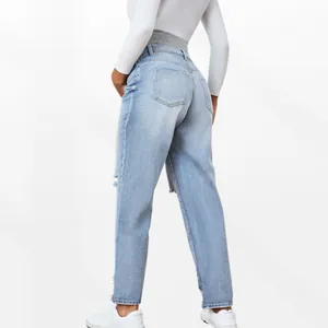 High waist maternity straight jeans in light blue denim with distressed pocket detail