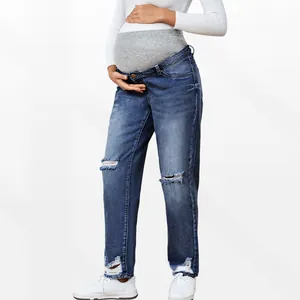 High waist maternity straight leg ripped jeans with grey elastic belly support band