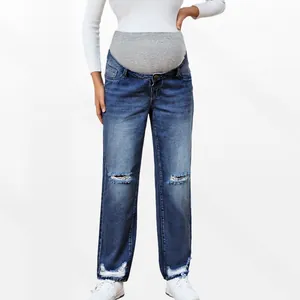 High waist maternity straight leg jeans in dark blue with elastic belly support band