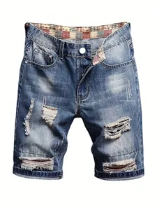 Men's Ripped Denim Shorts Distressed Cotton Blend Five Pocket Casual Loose Fit Summer Shorts Navy Blue Retro Streetwear