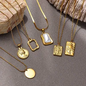 Vintage Stainless Steel Pendant Necklace For Women Gold Plated Geometric Sunburst Cross Queen Coin Artificial Pearl Necklace