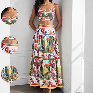 Women's Vacation Floral Architecture Print Crop Cami Top And High Waist Tiered Maxi Skirt Elegant Summer Beach Outfit