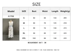 Size chart for women's floral sleeveless maxi dress showing S to 2XL measurements