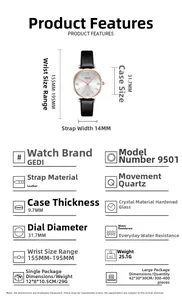 Detailed specs of rose gold quartz watch with white dial and black leather strap