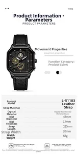 Spécifications de la montre GEDI carrée avec bracelet en cuir et verre minéral