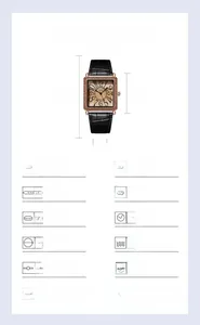 Detailed specifications of a square quartz watch with a rose gold case and leather strap