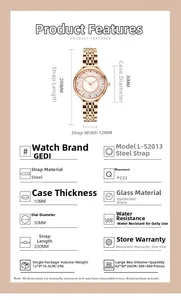 Detailed size specifications for a rose gold women's watch with crystal-set bezel
