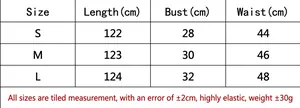 Size chart for women's print dress showing length, bust, and waist measurements
