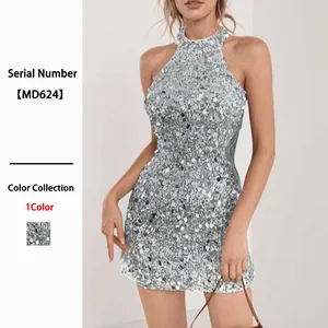 Silver Sequin Halter Mini Dress Backless Bodycon Sleeveless Sexy Shiny Evening Party Clubwear For Women