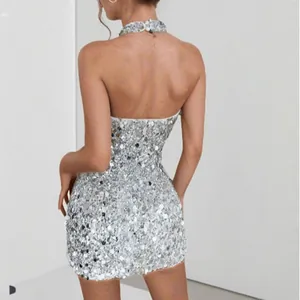 Silver sequin halter mini dress with sexy backless design for party and evening events