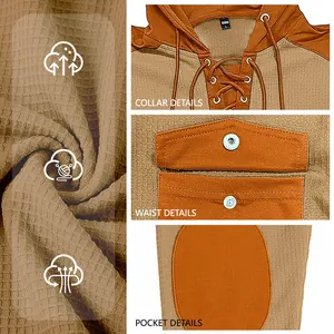 Men's waffle knit drawstring hoodie with pocket detail in khaki autumn casual style
