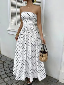 Women Sexy Polka Dot Bandeau Maxi Dress Retro Strapless A-Line High Waist Elegant Vacation Long Dress Polyester Spandex