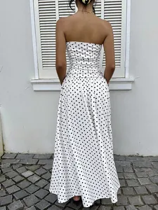 Elegant off-shoulder polka dot A-line maxi dress with retro waist tie and open back