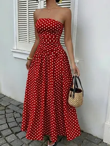 Elegant red off-shoulder polka dot A-line maxi dress with waist pleats for summer vacation