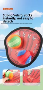 Detail of red glove-shaped catch paddle with high-strength velcro surface and toss balls