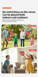 Family playing with catch and toss suction ball set in outdoor garden and indoor living room