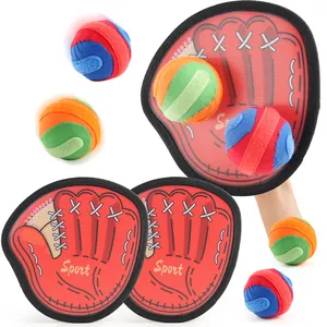 Kids suction cup ball toss and catch set with two red paddles and five colorful soft balls