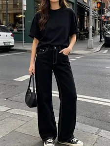 Jeans Donna Vita Alta Gamba Larga Denim Cotone Taglio Dritto Lavato Retro Casual Pantaloni Vintage Lunghi