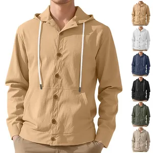 Detail of cotton linen hooded shirt texture and color options including khaki and navy