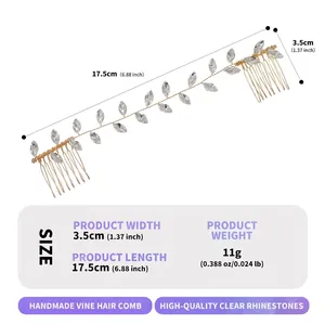 Handmade vine hair comb with rhinestones measuring 17.5cm for bridal wedding hairstyles