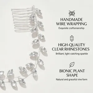 Macro detail of handmade bridal hair comb with clear rhinestones and silver wire