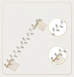 Detail of handmade bridal hair comb with marquise rhinestones and golden wires