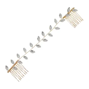 Handmade bridal hair vine with crystal leaves and golden metal combs for weddings