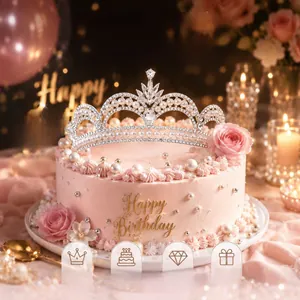 Détail du diadème de princesse avec perles et strass sur un gâteau d'anniversaire rose