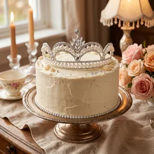 Détails d'un diadème argenté avec perles et cristaux posé sur un gâteau blanc