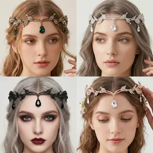 Forest elf style headband detail showing four color variants with leaf and teardrop rhinestones