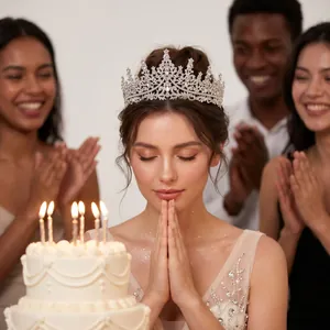 Diadème de mariée argenté avec strass porté par une femme lors d'une fête d'anniversaire