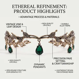 Close-up of vintage bronze leaf crown featuring green water-drop pendants and crystals