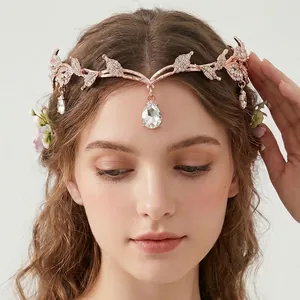 Elven Leaf Bridal Tiara Crown Vintage Alloy Rhinestone Hair Accessories With Water Drop Pendant For Wedding Party Women Jewelry