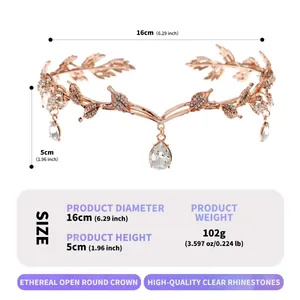Rose gold bridal crown headband with rhinestones and leaf design, 16cm diameter