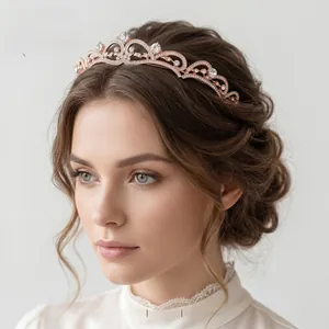 Detailed close-up of rose gold tiara with sparkling rhinestones on a model
