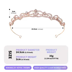 Elegant rose gold bridal tiara with clear rhinestones and detailed product dimensions