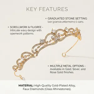 Detailed view of the rose gold rhinestone crown with intricate scrollwork and filigree