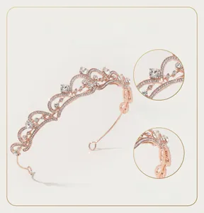Detail view of rose gold bridal tiara with sparkling rhinestones and alloy base
