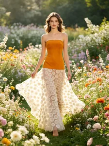 Women Strapless Tube Top Maxi Dress Knit Patchwork High Waist Polka Dot Mesh Fluffy Evening Party Elegant Long Dress