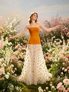 Elegant strapless tube dress with yellow bodice and white textured 3D petal maxi skirt