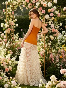 Orange strapless bodice dress with cream white 3D floral applique skirt for wedding