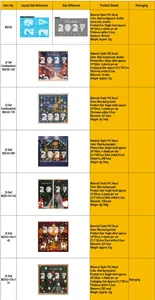 Size chart for Christmas static PVC stickers showing sheet counts and element details