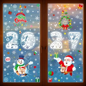 Christmas static window stickers with Santa, snowman, and reindeer on glass pane