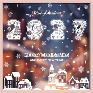 White 2027 Christmas window stickers with Santa Claus reindeer and snowflakes on glass
