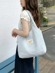 Women Tweed Style Knit Tote Bag Large Capacity Colorful Dotted Woven Handbag Shoulder Shopping Bag Soft Polyester
