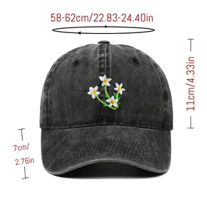 Embroidered flower baseball cap in charcoal gray denim with size measurement details