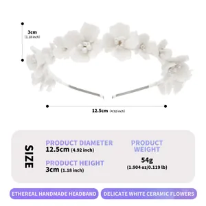 Detail view of handmade white ceramic flower headband with pearls and dimensions